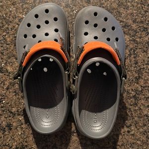 Classic All terrain Crocs. Color:slate grey with olive green and orange strap.